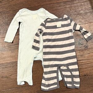 Two Burt's Bees Baby Gray and blue Striped one pieces